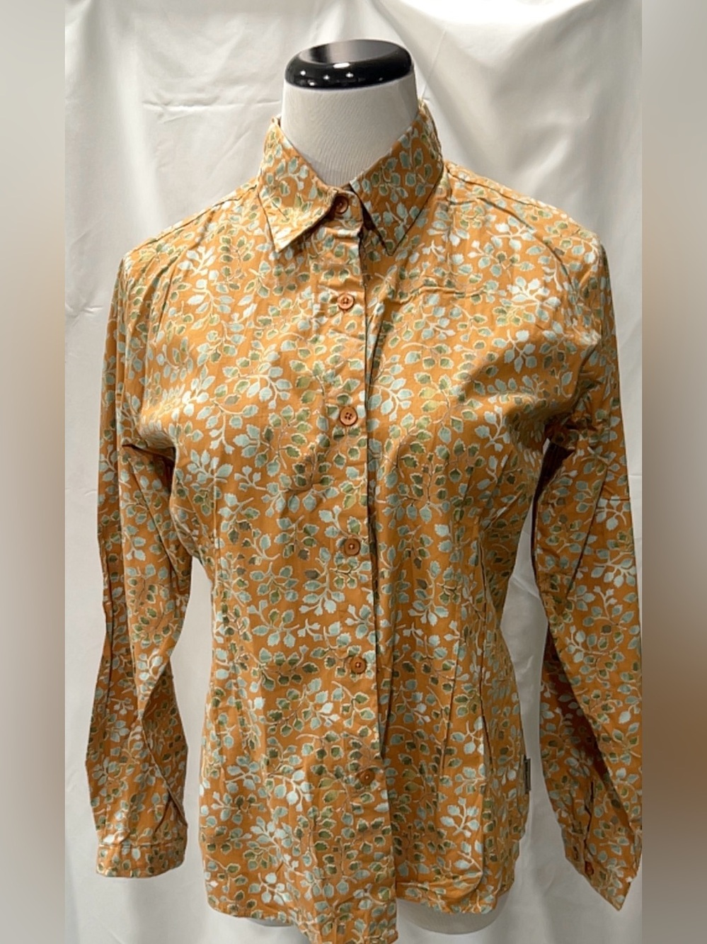 Woolrich Womens Size S Mustard Yellow Botanical Leaf Print Long Sleeve Button Up